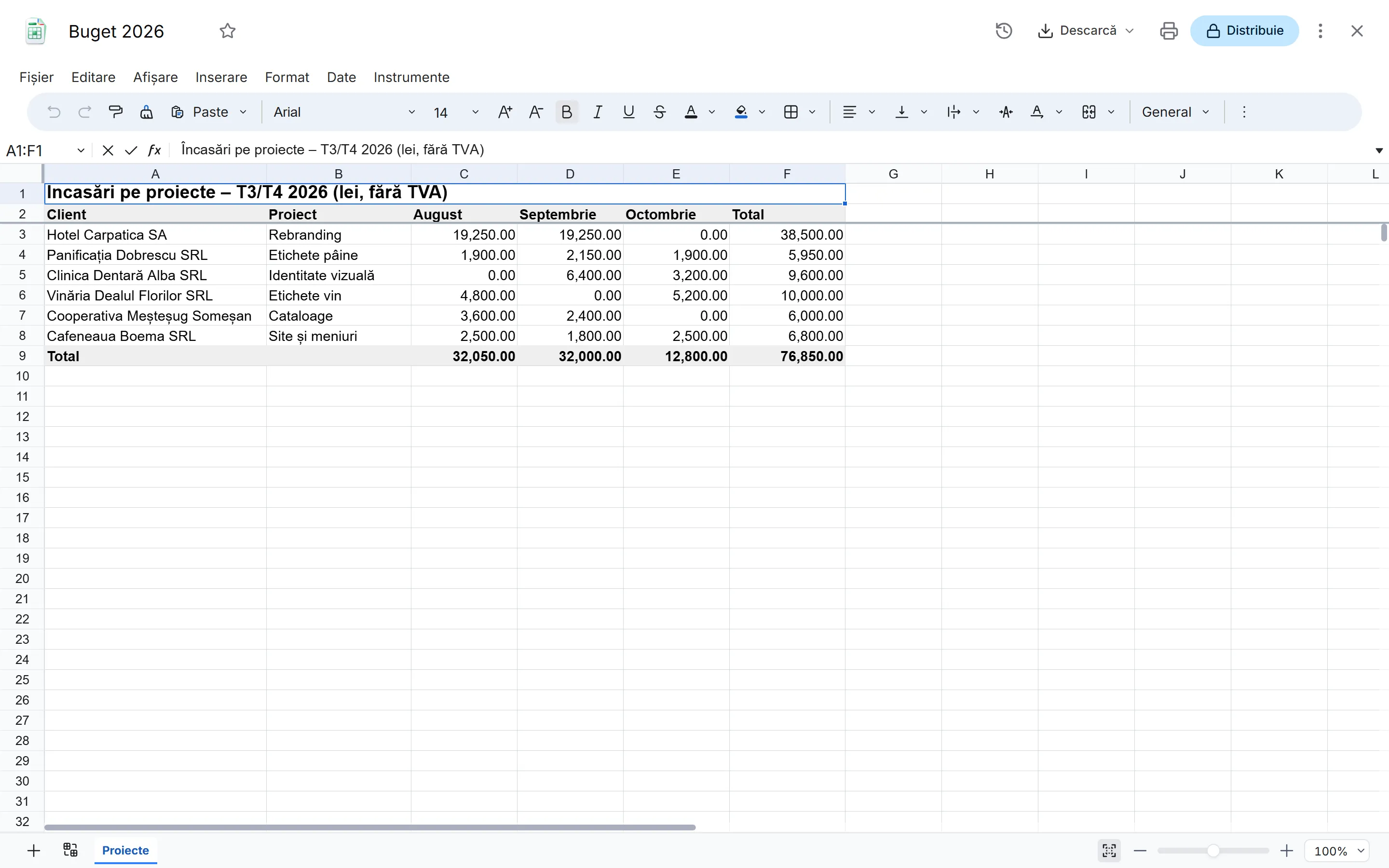 O foaie de calcul deschisă în VYB Sheets, cu bara de formule și celulele foii